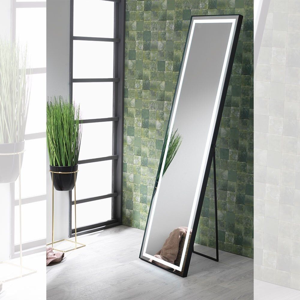 Porto Battery Operated Mirror with Black Frame & LED Light Surround (Floorstanding or Wall-Hung) - 1500 x 400mm