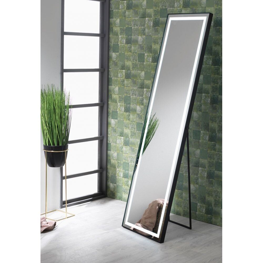 Porto Battery Operated Mirror with Black Frame & LED Light Surround (Floorstanding or Wall-Hung) - 1500 x 400mm - Image 2