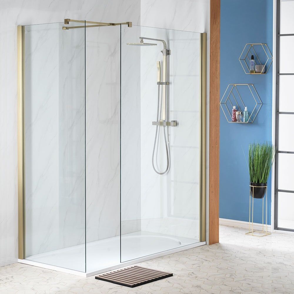 Genesis 8mm Clear Glass/Brushed Brass Frame Shower Wall with Easy-Clean Glass - Image 2