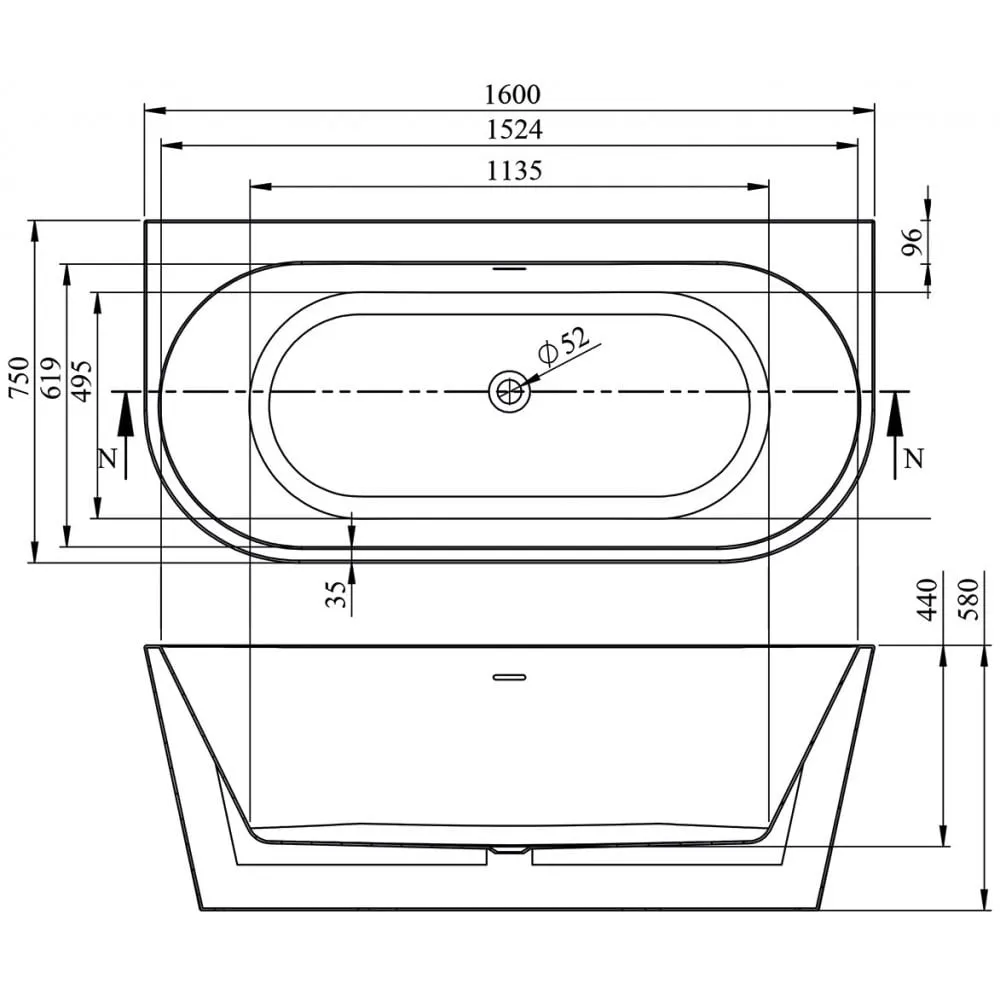 Aveiro Freestanding Bath - 1600 x 750mm - Image 3