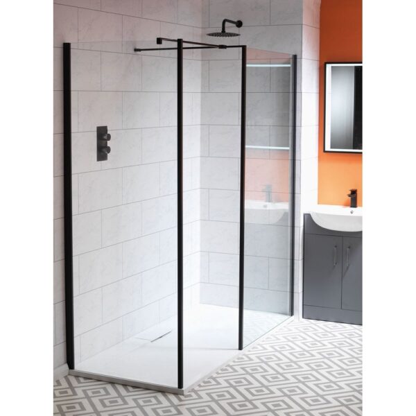 Classic Nouveau 6mm Shower Wall with Matt Black Frame & Easy-Clean Glass - Image 2